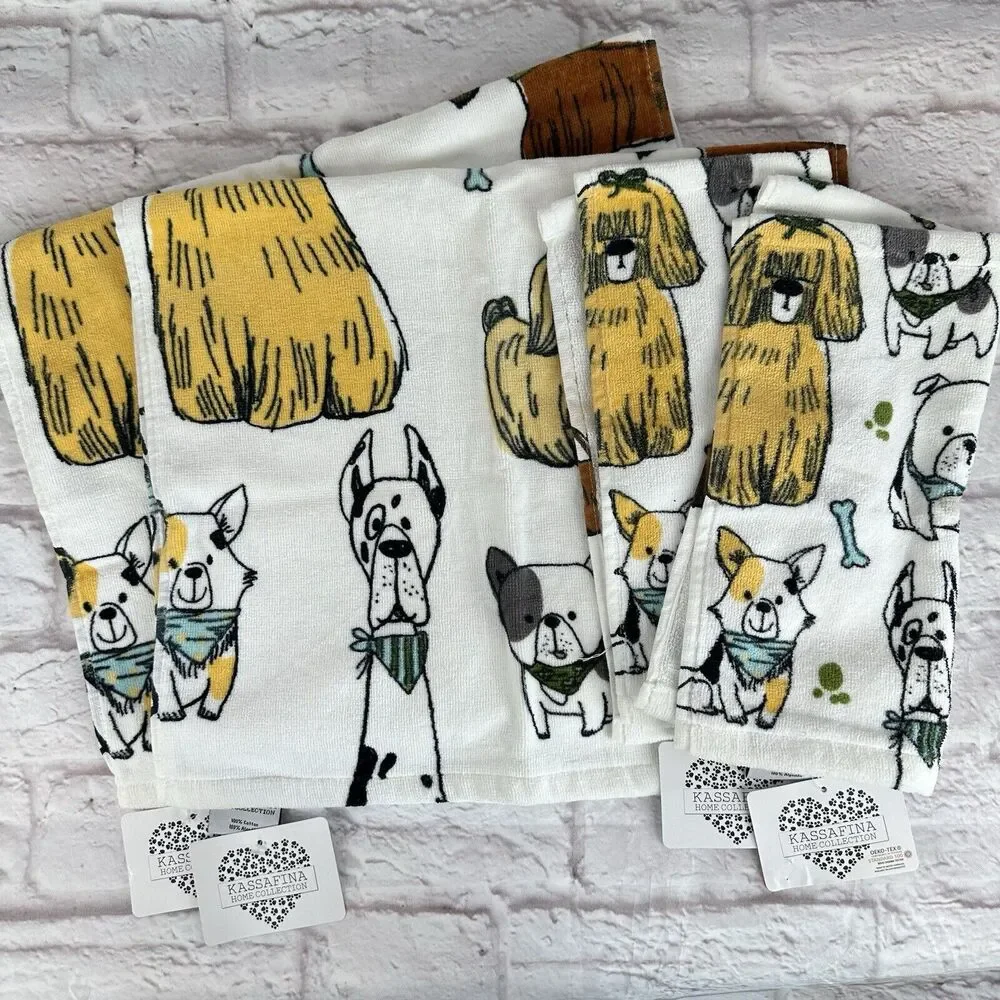 Kassafina Dog Pup Bath Hand Bath Kitchen Towel Wash Cloth Set 4 NWT